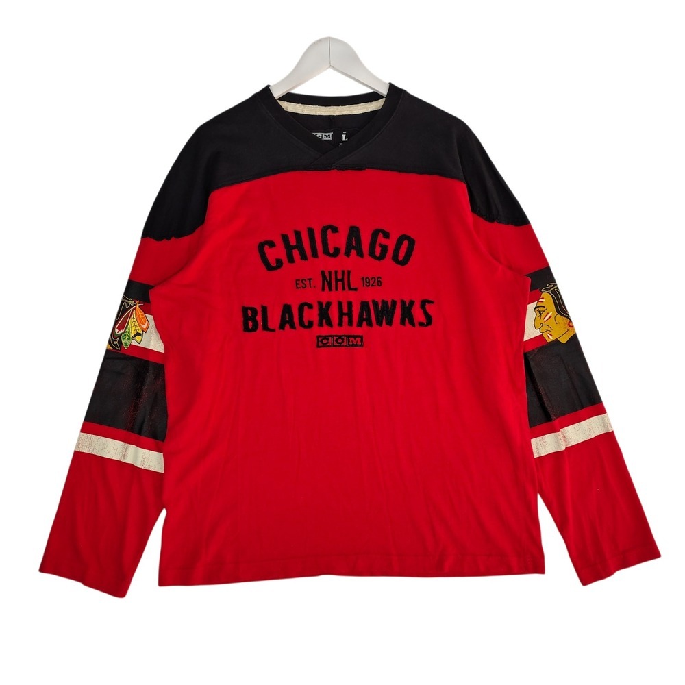 Chicago Blackhawks CCM Long Sleeve Shirt NHL Hockey Red Black Large